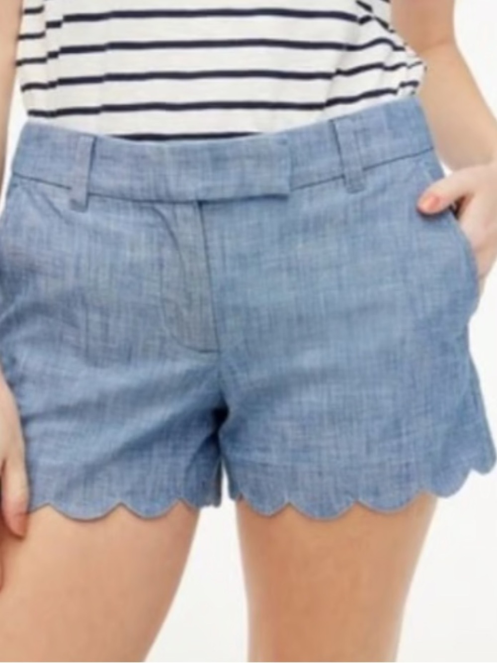 J. CREW Women’s Blue Chambray Mid Rise Linen Shorts w/Scalloped Hem, Sz 10, NWT